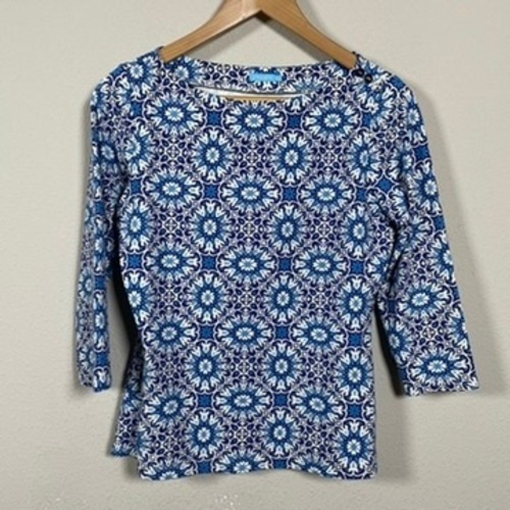 J.McLaughlin Coastal Resort Top Women XS Blue White Geometric 3/4 Slv Workwear